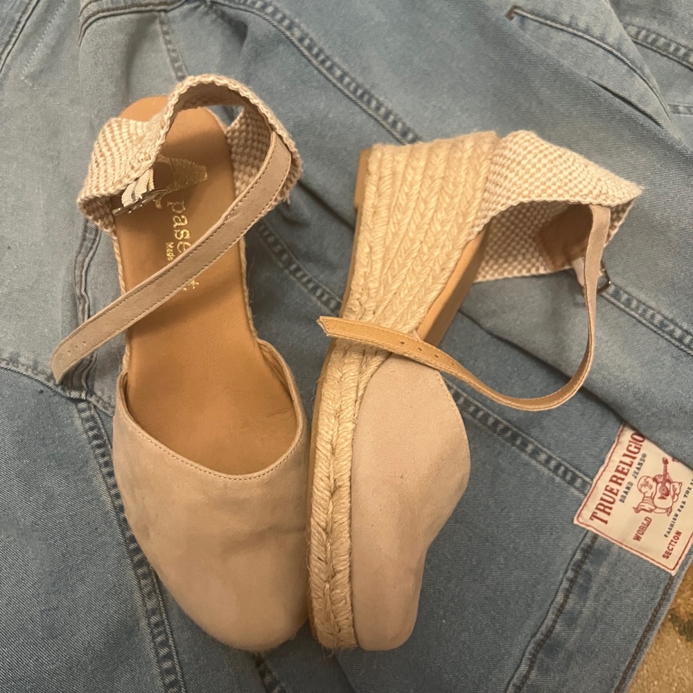 Beige Suede Espadrille Wedges with Ankle Strap - Picture 2 of 3